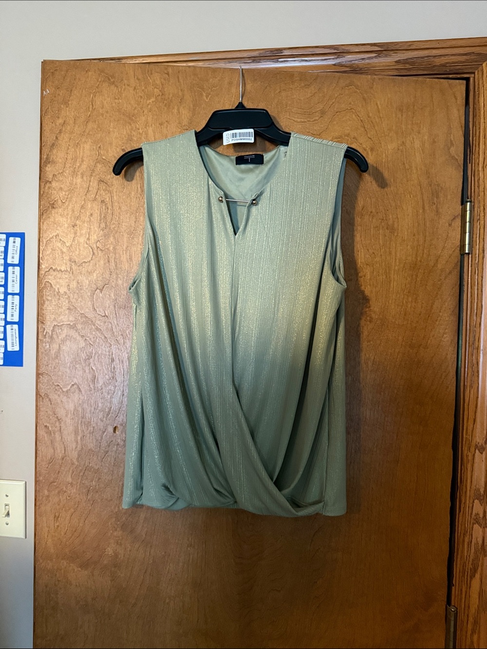 Tahari Metallic Sage Green Draped Sleeveless Blouse